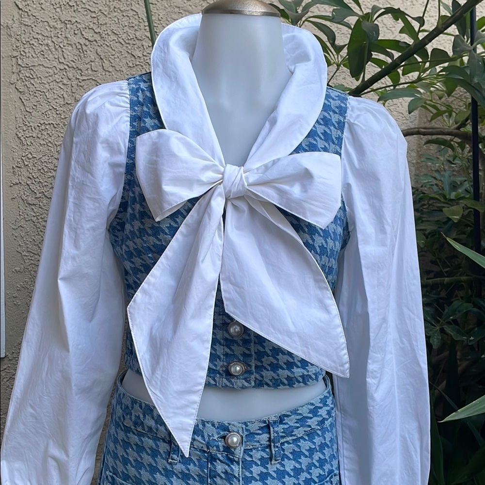 NewBlue Houndstooth Urban Revivo Cotton Skirt Set with Bow Detail - Picture 2 of 15